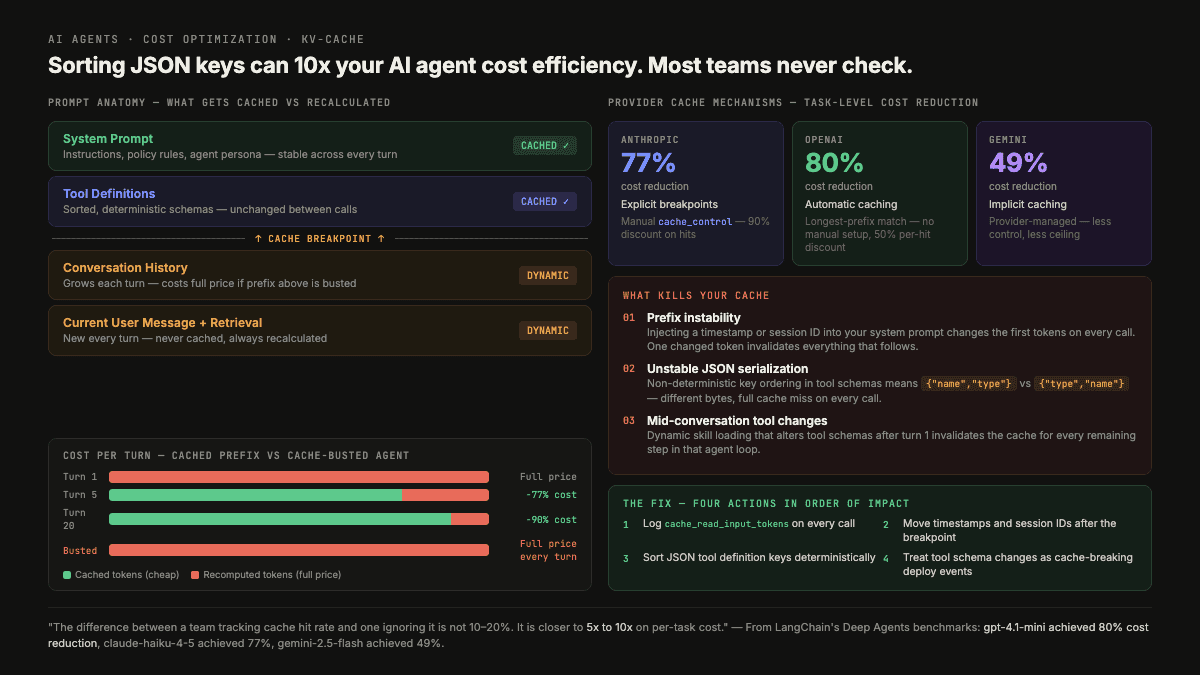 KV-cache economics infographic comparing stable cached prompt prefixes against cache-busting dynamic prompts and rising agent costs.
