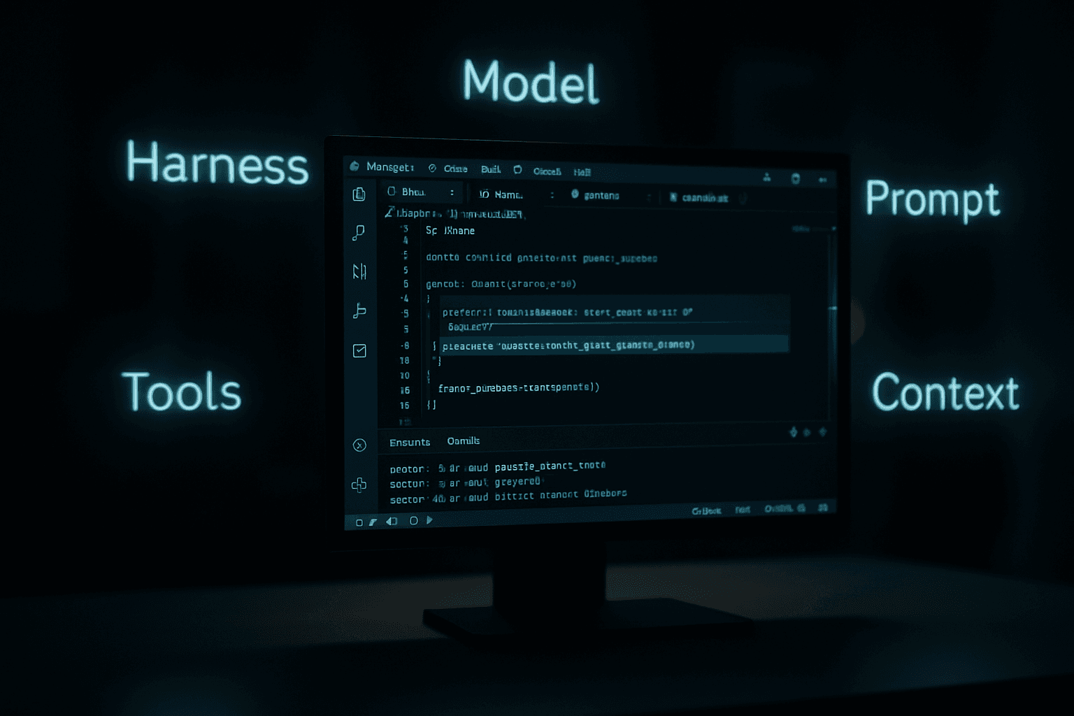 VS Code agent-first development framework showing the five pillars: harness, model, prompt, tools, and context as interconnected system components