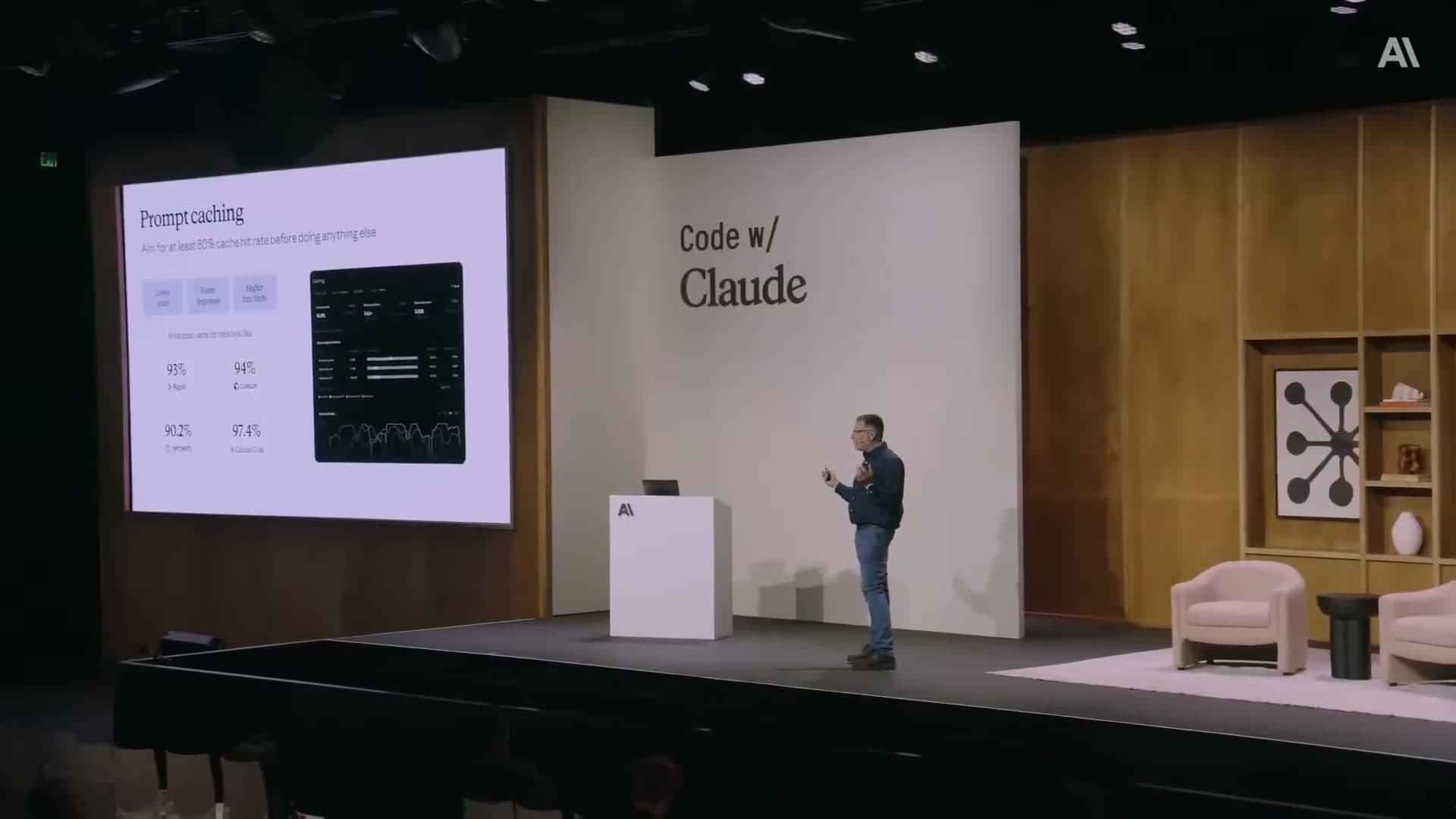 Brad Abrams on stage at Code w/ Claude showing the prompt caching slide with real cache hit rate dashboards from Claude products, all above 90%