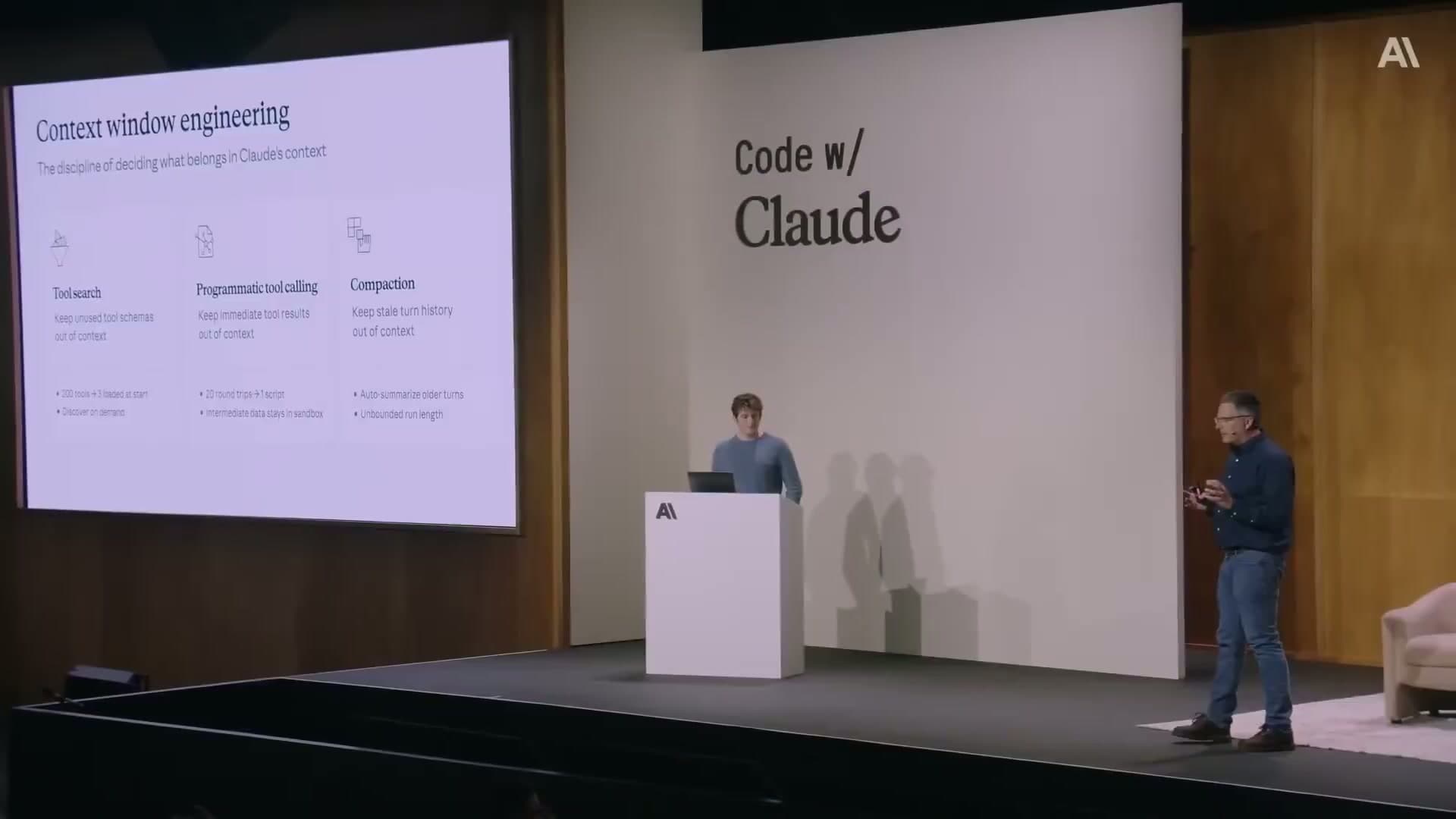 Anthropic's context window engineering overview slide showing the three techniques: Tool search, Programmatic tool calling, and Compaction with their respective subtitles at Code w/ Claude
