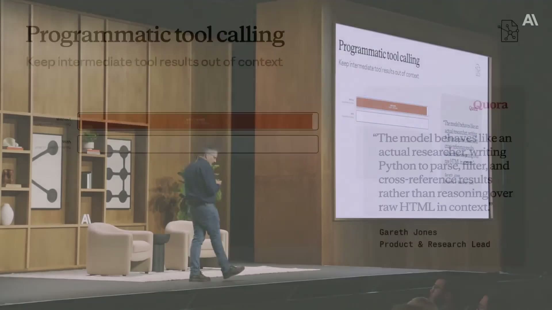Programmatic tool calling slide from Code w/ Claude showing the Quora case study: the model writes Python to parse, filter, and cross-reference results rather than reasoning over raw HTML in context, attributed to Gareth Jones, Product and Research Lead at Quora