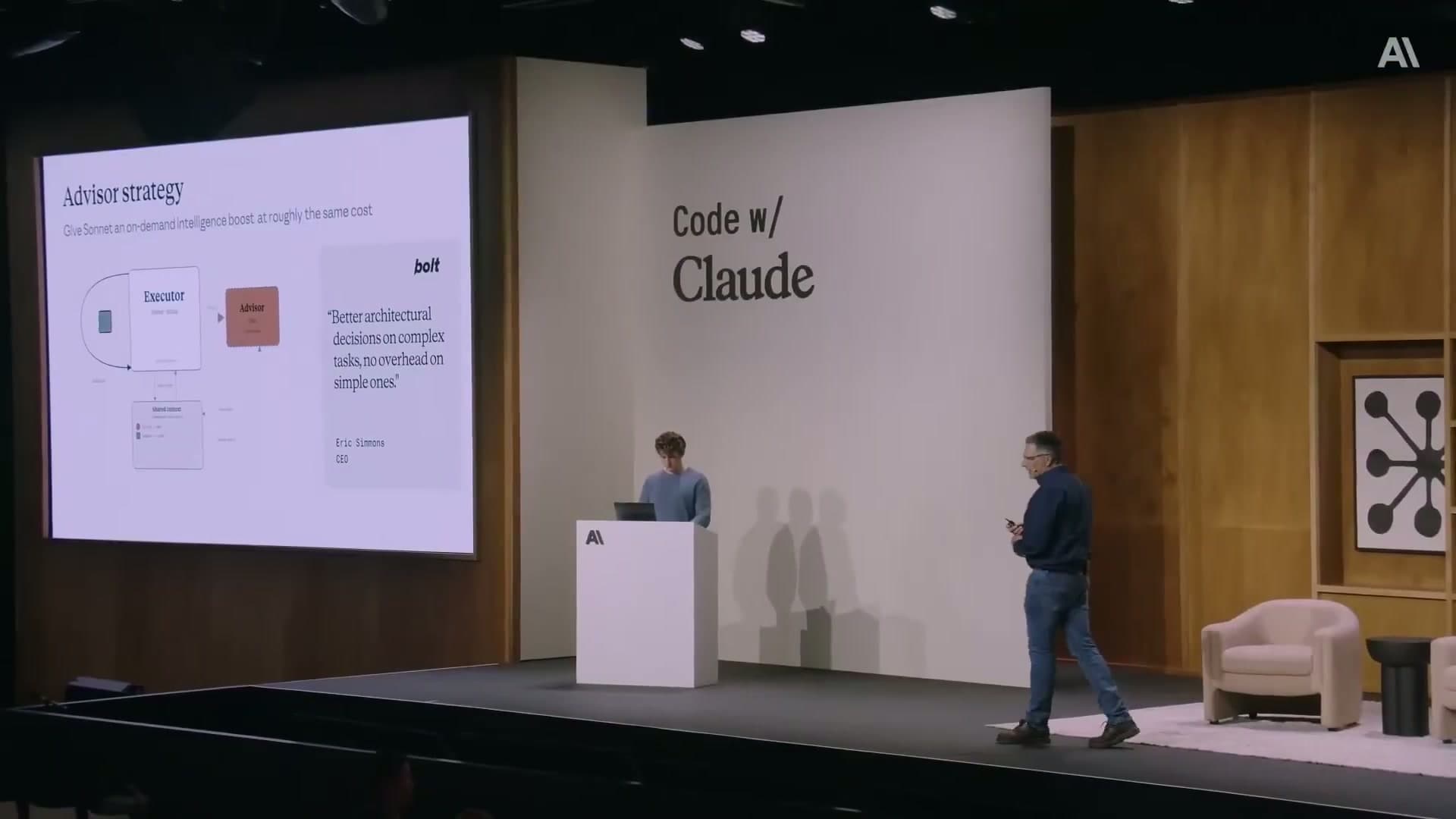 Advisor strategy slide from Code w/ Claude showing the executor-advisor architecture diagram with a Bolt CEO testimonial: better architectural decisions on complex tasks, no overhead on simple ones